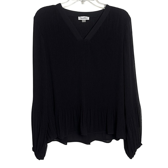 Calvin Klein Women’s Black Pleated Blouse Sheer Long Sleeve L Classic Minimalist - Picture 1 of 17
